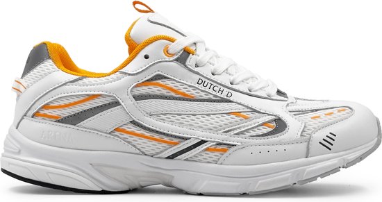 Witte 'Arena' sneaker van DUTCH'D met oranje en grijze strepen op mesh en een oranje gevoerde kraag.