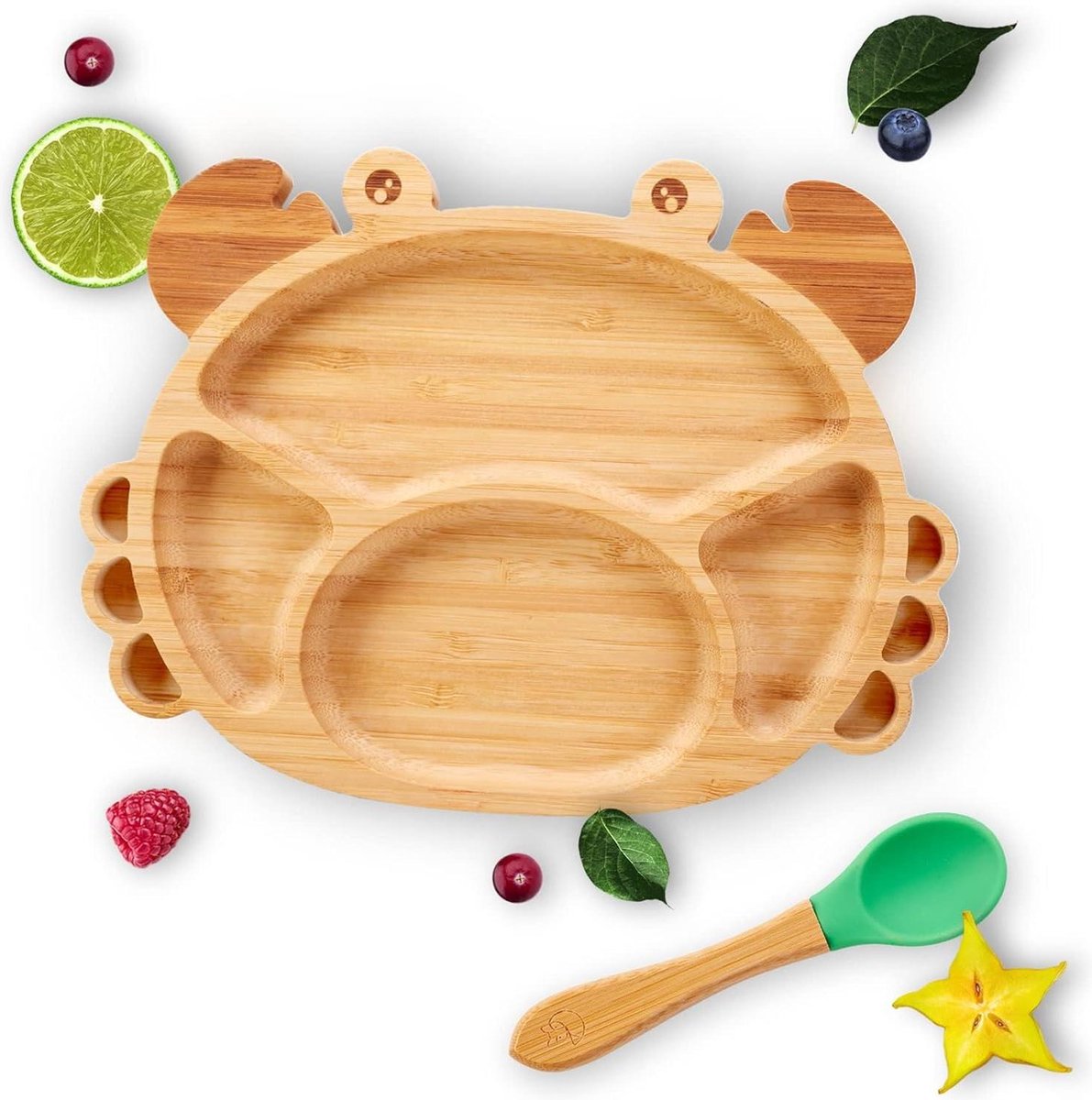 Kinderbord met zuignap van bamboe kleiner fuchs antislip zuignap babylepel kinderservies set geschenkdoos krab design. bamboo bord