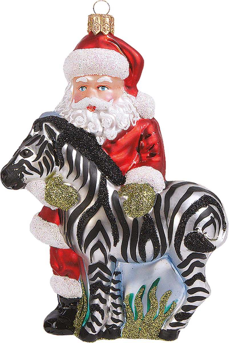 Viv! Christmas Kerstornament - Kerstman met Zebra - mond geblazen glas - rood wit zwart - 13cm
