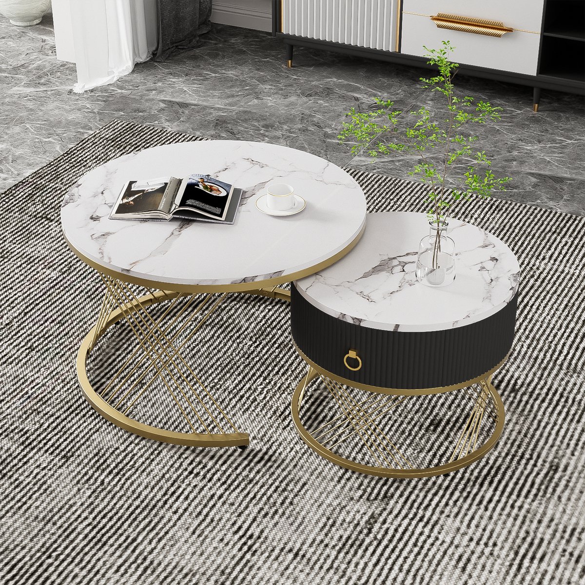 Sweiko Salontafel, Woonkamer tafel, Sofa tafel, Marmer uiterlijk, Gouden decoratie, bijzettafel met laden (set van twee), Wit