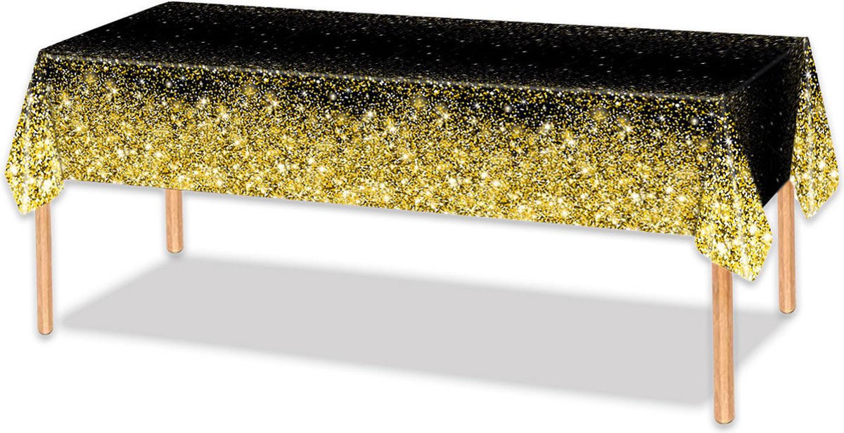 LUQ - Luxe Tafelkleed Zwart Goud Glitter Verjaardag Versiering Tafelloper Plastic Tafelzeil Feest Tafellaken Xl Formaat