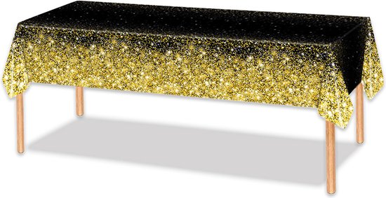 LUQ - Luxe Tafelkleed Zwart Goud Glitter Verjaardag Versiering Tafelloper Plastic Tafelzeil Feest Tafellaken Xl Formaat
