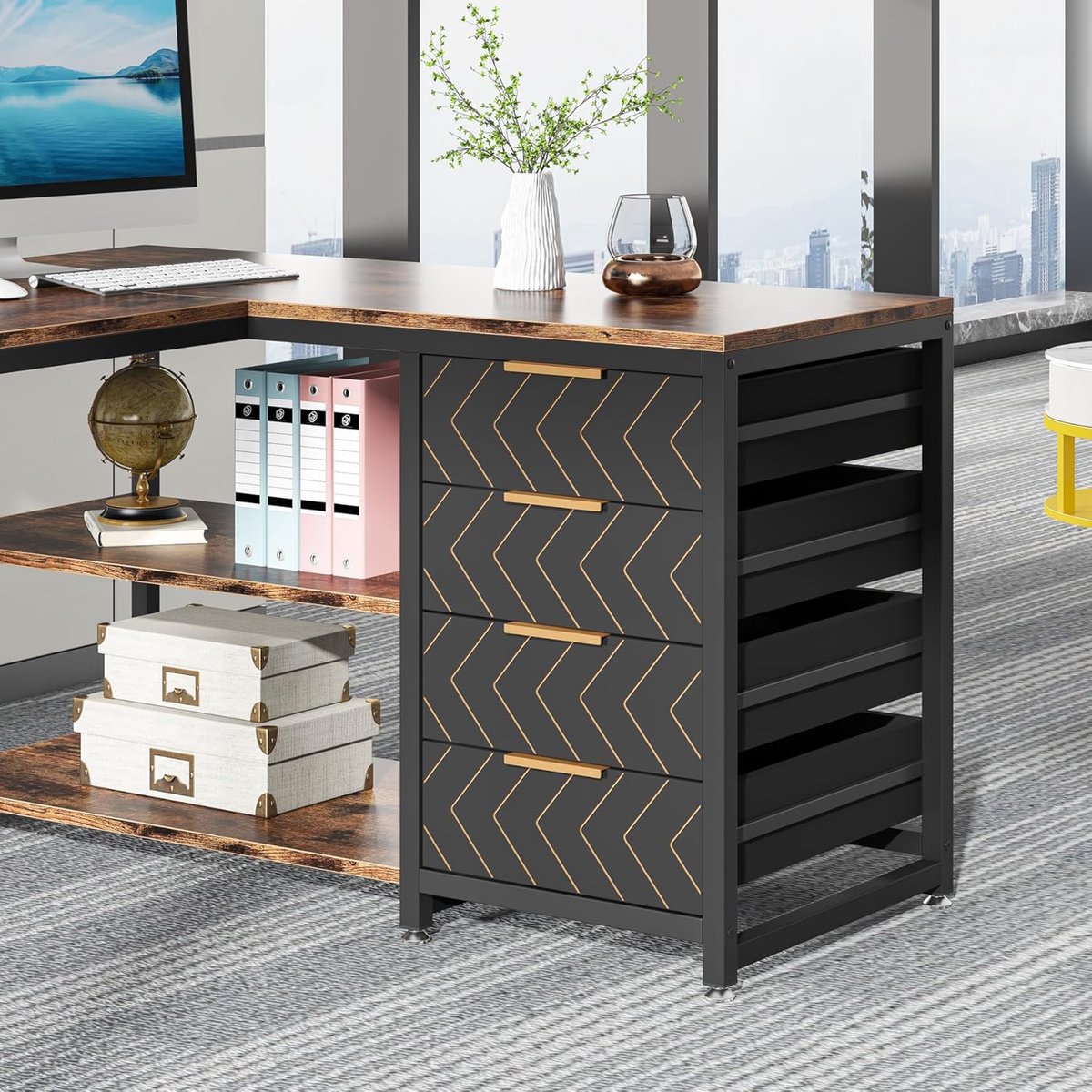 Tribesigns Bureau - L-Vormig Game Bureau met 4 Laden - 150 x 110 x 75cm - Bureau met Legplanken - Gaming Desk - Computer Tafel - Gaming Tafel - Bureau voor Gamen, Studeren en Werken - Zwart / Vintage Bruin thumbnail 6