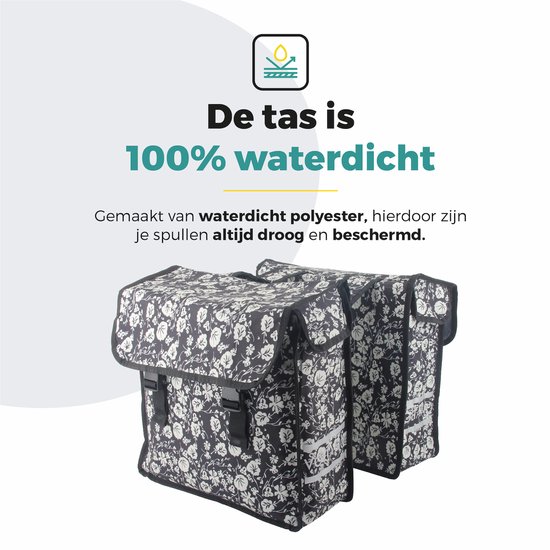 Voltano Dubbele Fietstas Midnight Blossom - Zwart Met Bloemen - 38 Liter - 100% Waterdicht Polyester - Vrolijke Fietstassen van Voltano — afbeelding 3