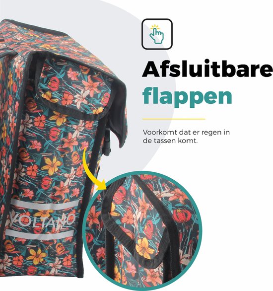 Voltano Dubbele Fietstas Floral Fiesta - Zwart Met Kleurrijke Bloemen - 38 Liter - 100% Waterdicht Polyester - Vrolijke Fietstassen