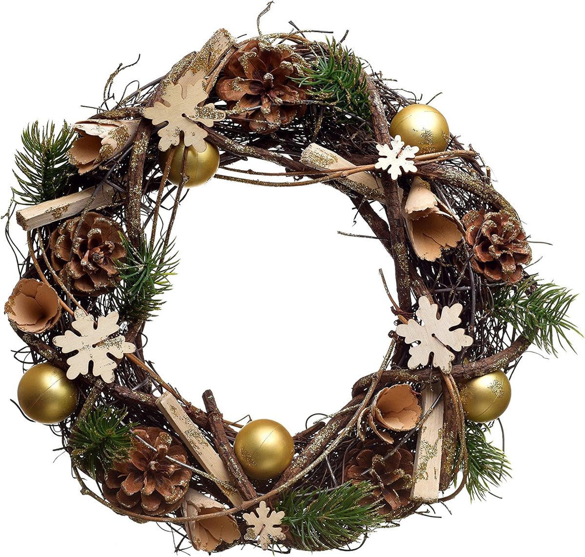 Deurkrans - kerstkrans - Tafelkrans kerstdecoratie - goud, groen - dennentakken - ‎32 x 32 x 9,5 cm
