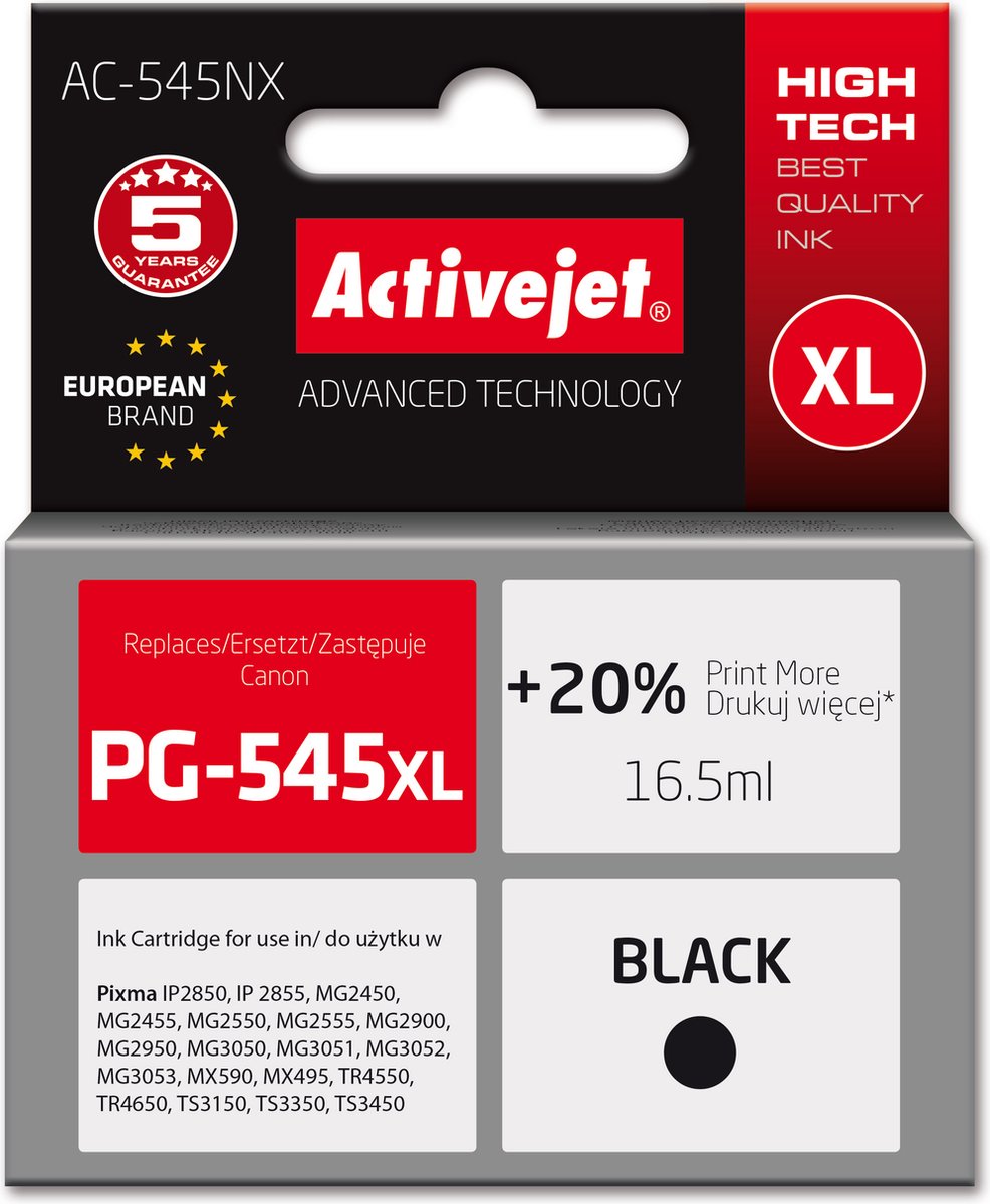 Activejet AC-545NX printerinkt voor Canon, vervanging Canon PG-545XL; Supreme; 16,5 ml; zwart