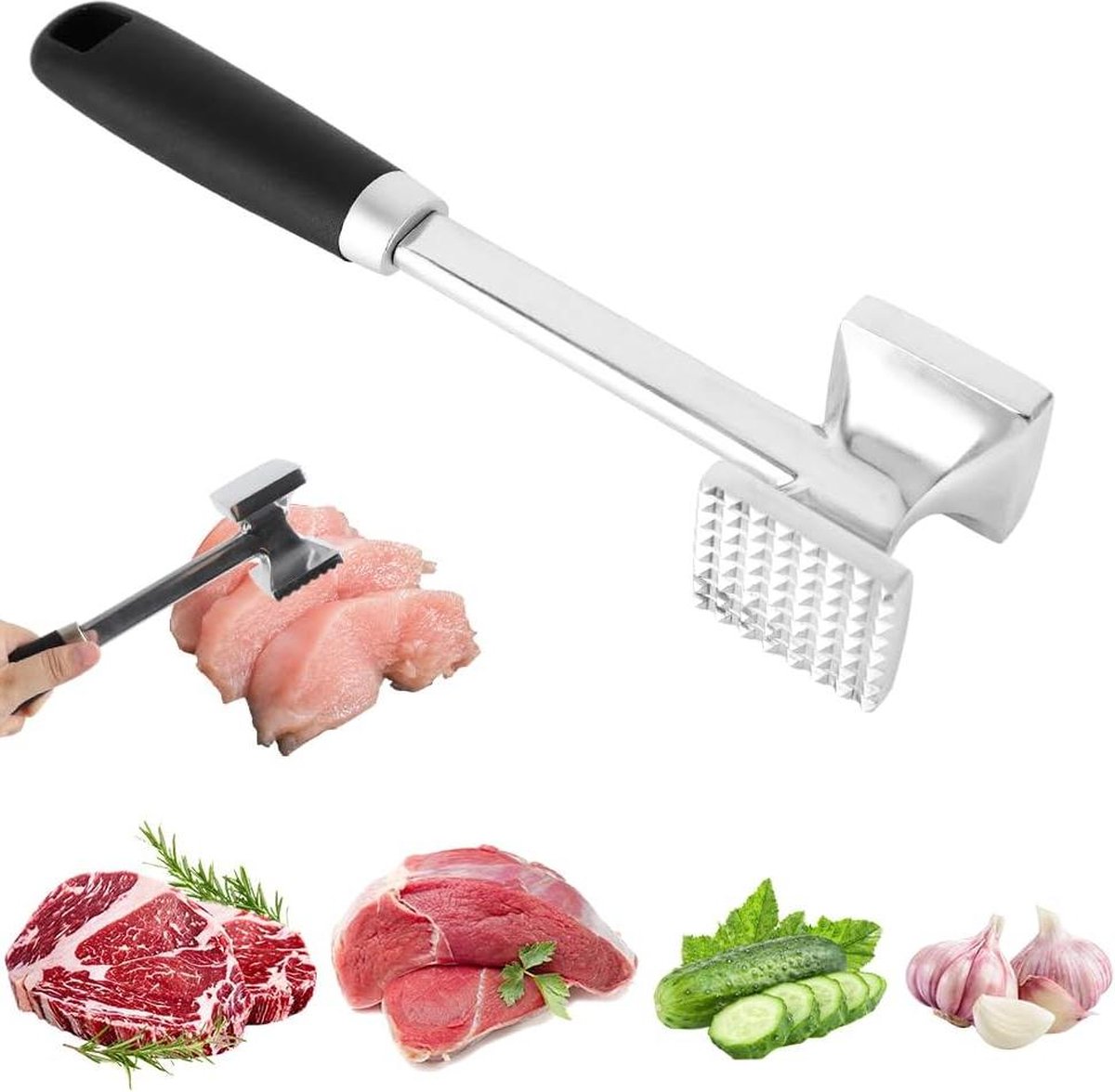 Zwaar belastbare vleeshamer van roestvrij staal 26 cm lang Schnitzelklopper met dubbelzijdig slagoppervlak Geschikt voor alle vleessoorten