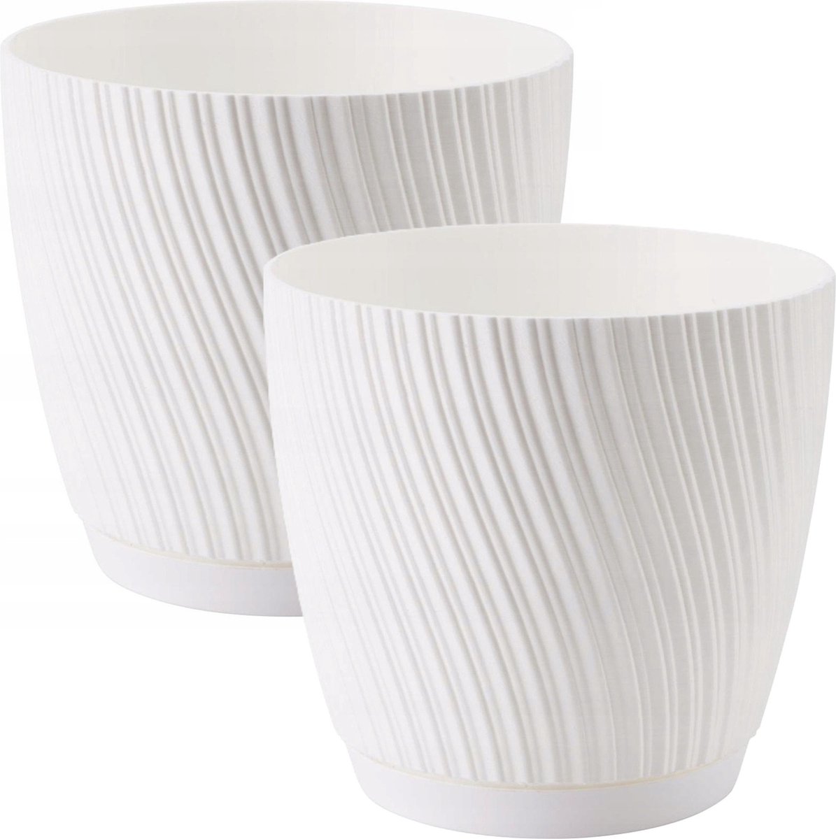 Form Plastic Plantenpot/bloempot Waves - 2x - kunststof - ivoor wit - D19 x H17 cm - met opvang schotel - rond
