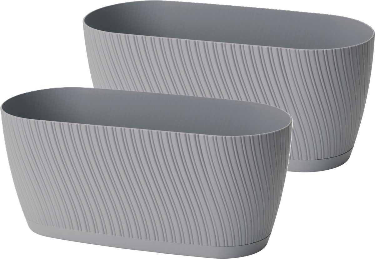 Form Plastic Plantenbak/bloembak Waves - 2x - kunststof - platina grijs - D27 x B12 x H12 cm - met opvang schotel - rond