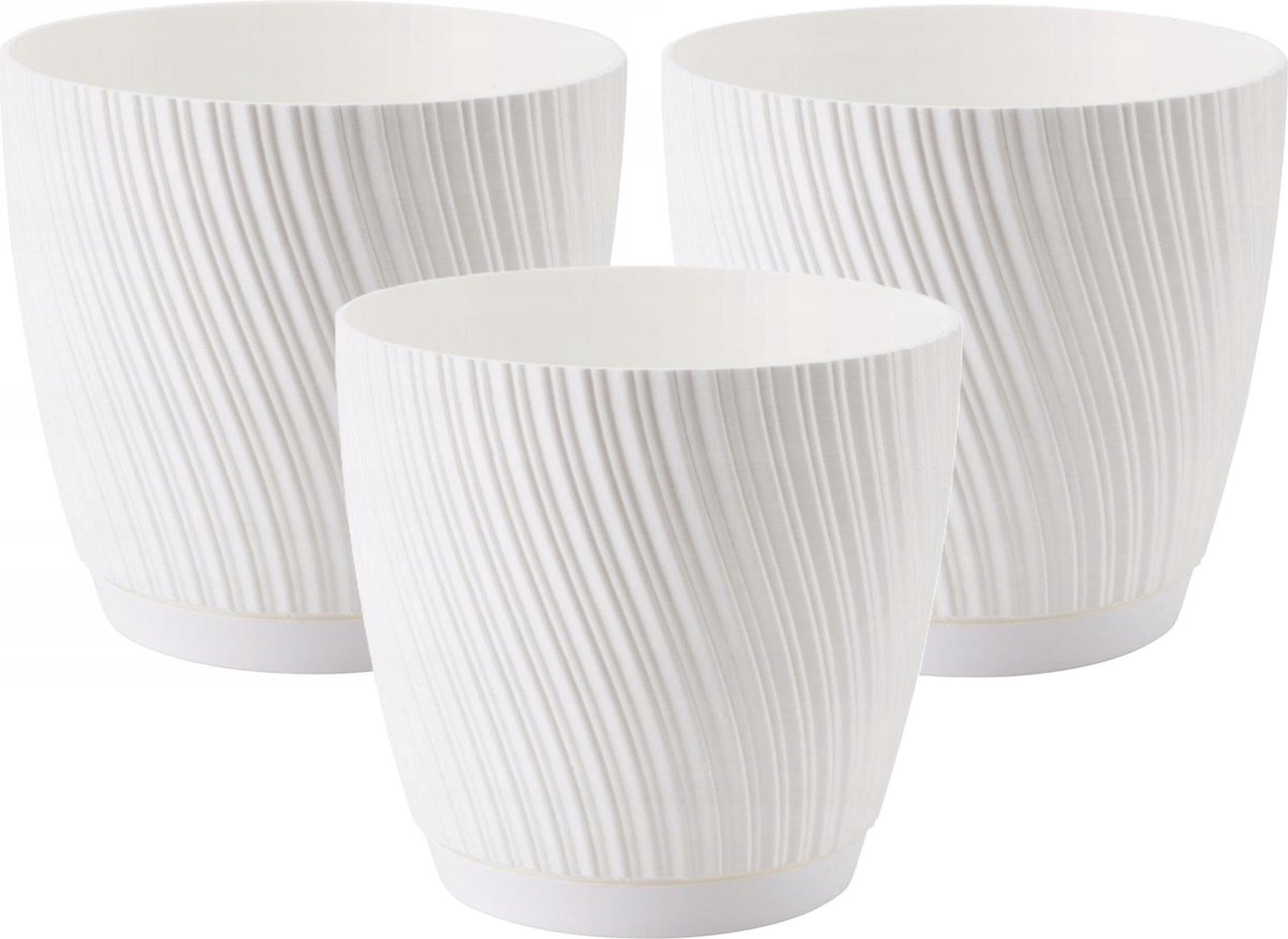 Form Plastic Plantenpot/bloempot Waves - 3x - kunststof - ivoor wit - D17 x H15 cm - met opvang schotel - rond