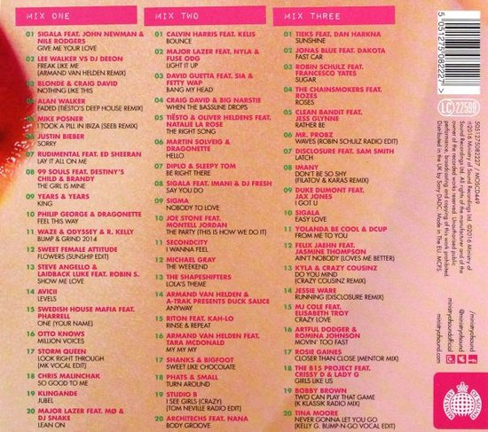 Achterkant van een muziek-cd hoes met songtitels verdeeld in drie mixes: Mix One, Mix Two, Mix Three.