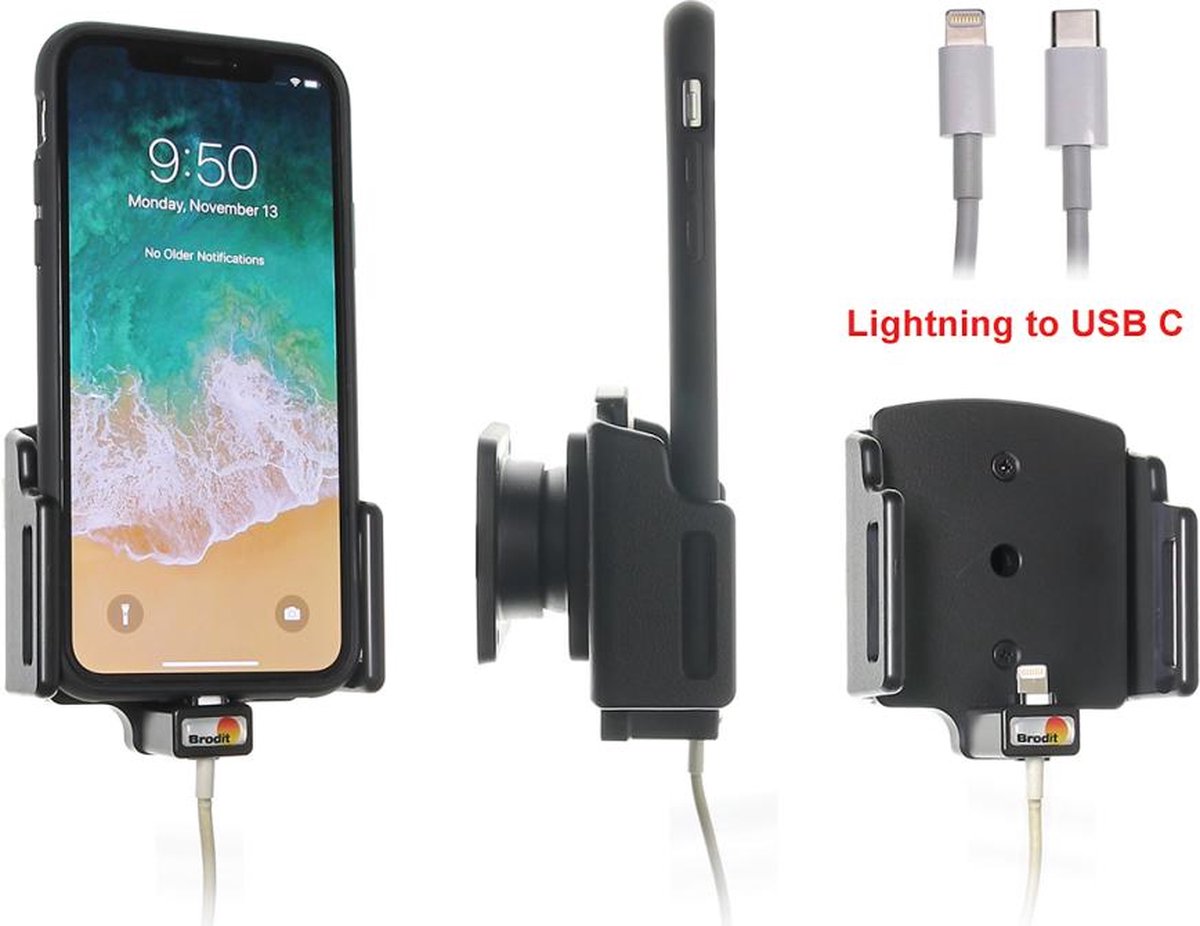 Brodit houder - Apple iPhone X / Xs Verstelbare houder met kabelbevestiging voor Apple kabel