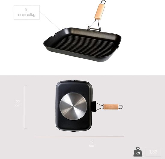 Poêle à Griller Ondulée WECOOK! Ecostone - Compatible Induction, Revêtement Écolo Sans PFOA, Poignée Pliable En Bois