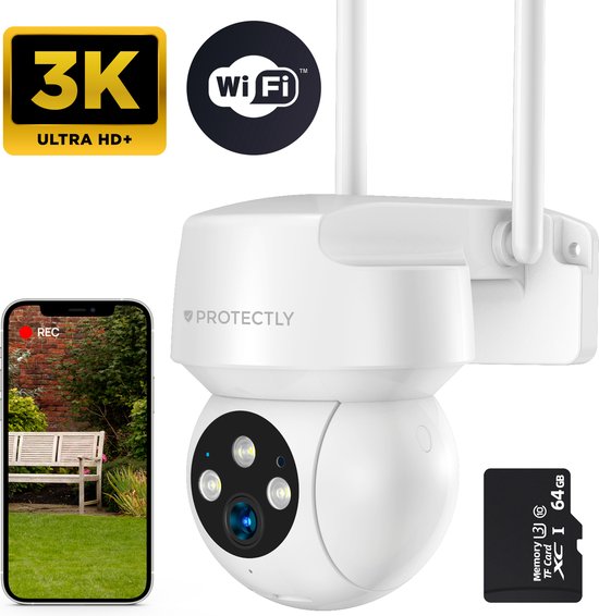 Foto: Protectly beveiligingscamera buiten buiten camera met nachtzicht buitencamera security camera 3k hd 5mp met wifi en app incl 64gb sd wit