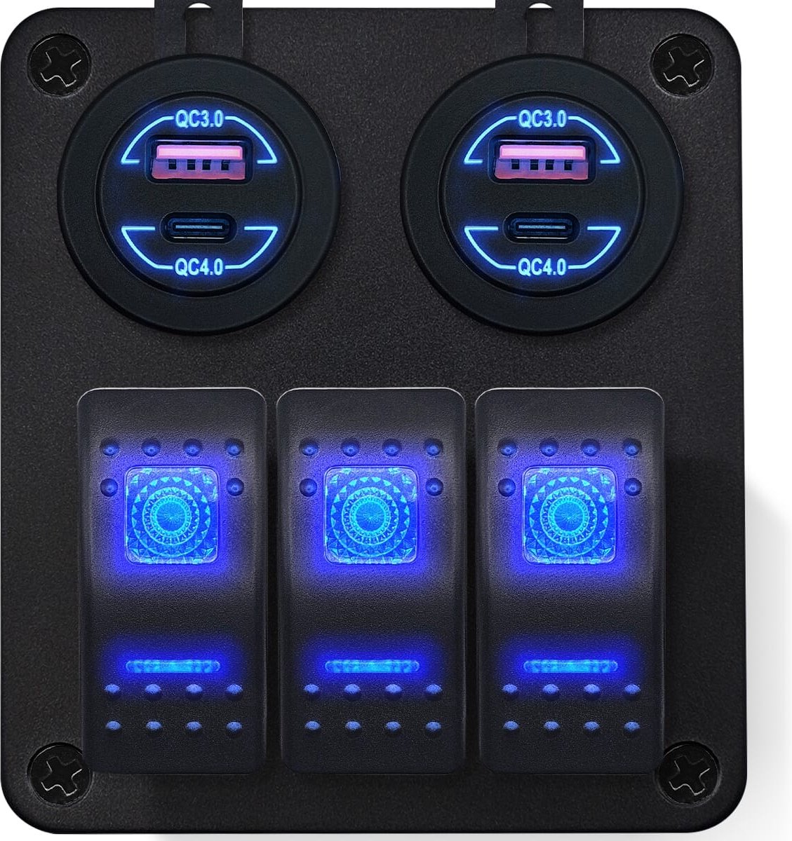 ProRide Schakelpaneel 12V voor Auto/Boot - USB Stopcontact 4 Poorten - QC4.0 - 3 schakelaars - Blauw