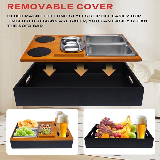 TEGOVE Couchbar Snackbox, Dienblad, Bankbar, Met Snackschalen Van Roestvrij Staal, Sofatdienblad Met Afneembaar Deksel, Sofa En Bed Drankhouder En Couch Tray Tafel Voor Snacks Drank