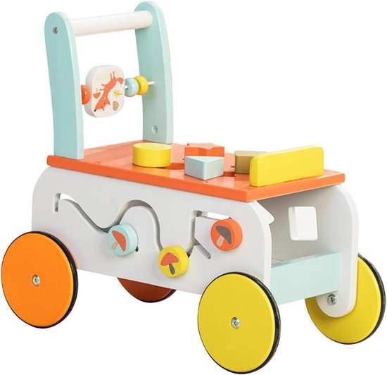 Foto: Petite amlie houten loopwagen 1 jaar babywalker als looptrainer stimuleert motoriek eerste stapjes eindeloos speelplezier van xylofoon vormenstoof tot spiegeltje naturel