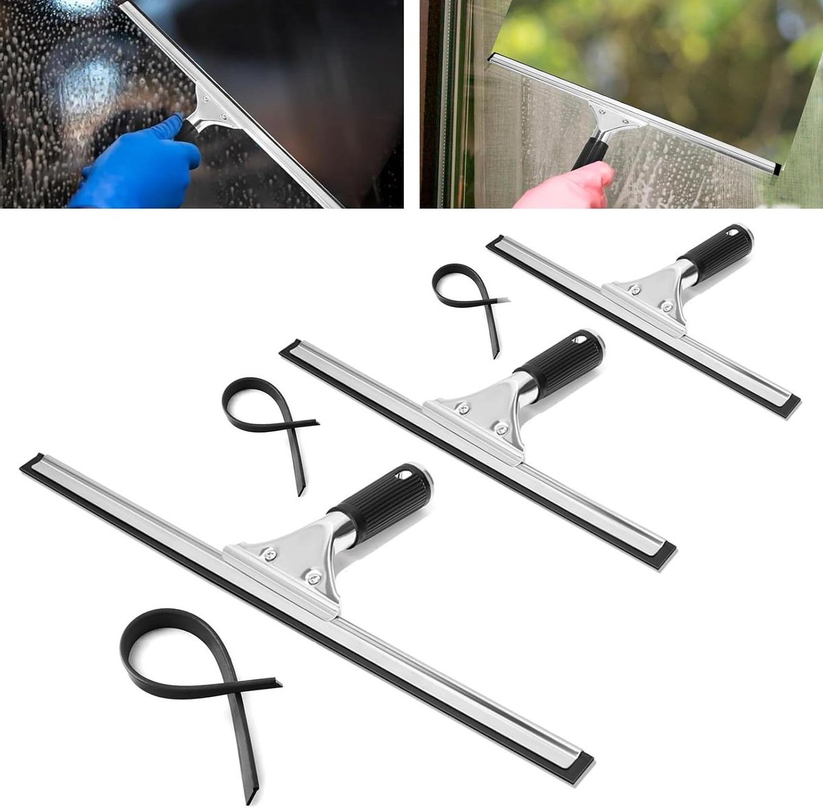 Raamwisser met rubberen lip 6 stuks roestvrij staal ruitenwisserset spiegels glasreiniging tegels raamreiniging 25 cm 35 cm 40 cm