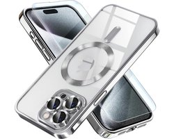 BixB hoesje met screenprotector geschikt voor iPhone 15 Pro MagSafe siliconen Backcover - Zilver