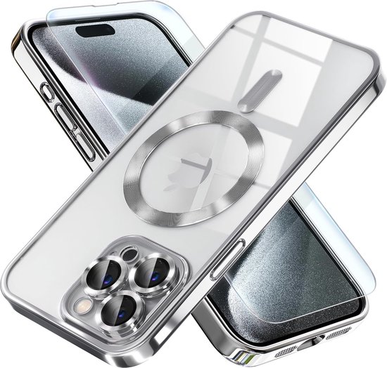 BixB hoesje met screenprotector geschikt voor iPhone 15 Pro MagSafe siliconen Backcover - Zilver