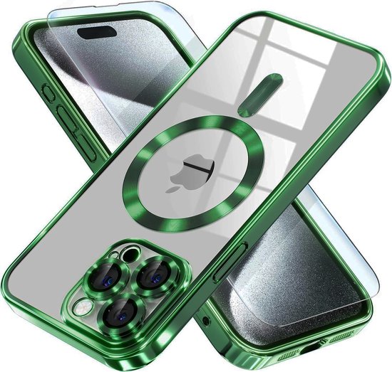 BixB hoesje met screenprotector geschikt voor iPhone 15 Pro MagSafe siliconen Backcover - Groen