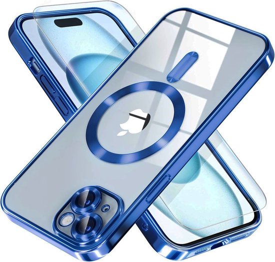 BixB hoesje met screenprotector geschikt voor iPhone 15 MagSafe siliconen Backcover - Blauw