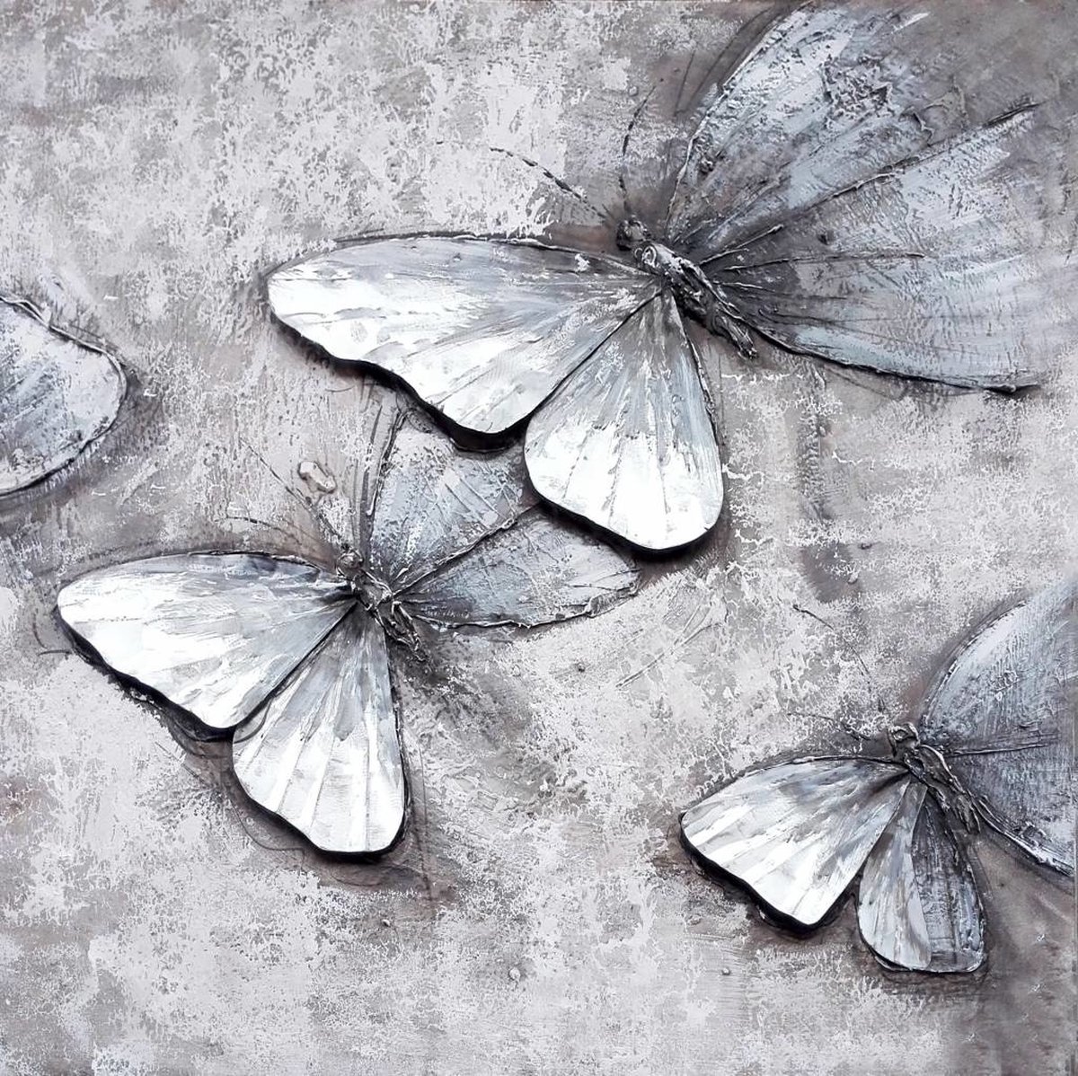 karo-art Schilderij -Handgeschilderd - Vlinders - zwart wit - 100x100cm Multikleur