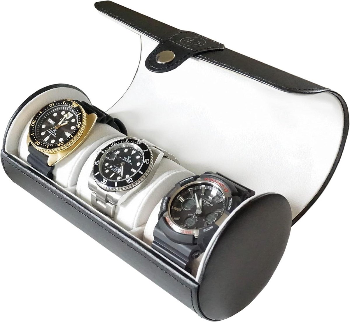 Cilindrische horlogedoos van veganistisch leer - zwart - voor 3 horloges