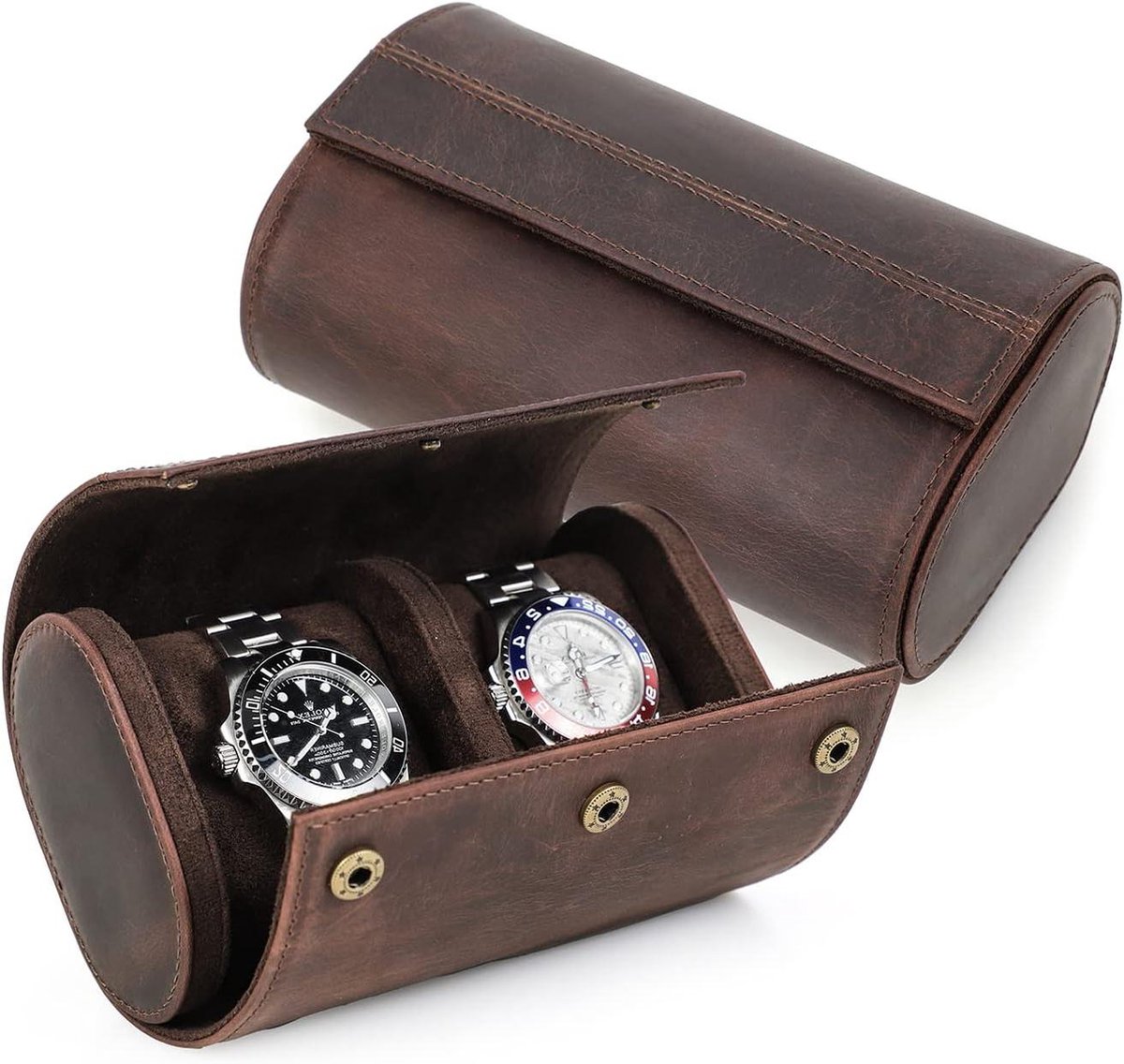 Reishorlogekast van echt leer - rolhorloges organizer doos voor 2 horloges - beschermende draagbare mouw horloge display voor reizen - vintage - koffie - model (Coffee-1145)