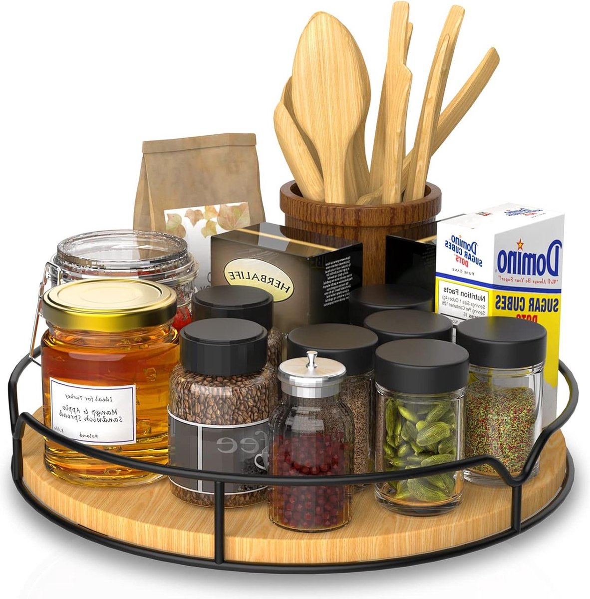 Draaiplateau organizer met antislipmat voor kast - Lazy Susan keuken - eetkamer - werkblad - koelkast - kantoor - grenenhout - 254 cm - burlywood (lichtbruin)