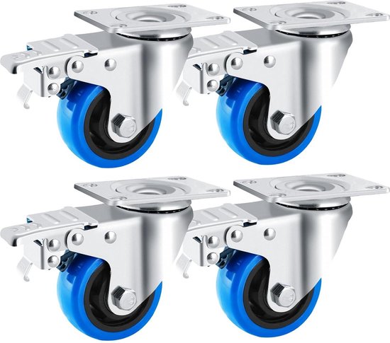 4 heavy duty wielen 100 mm, zwenkwielen met rem tot 520 kg, ON/OFF 2-pedaal remsysteem, geen schade aan de schoenen, geen sporen en stil, wielen voor meubels, transportwielen