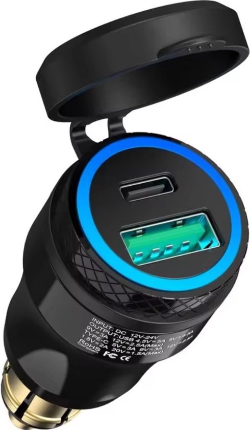 12V USB-C + USB-A Snellader Motorfiets Hella/DIN – Waterdicht IP66 – 30W PD + 18W...