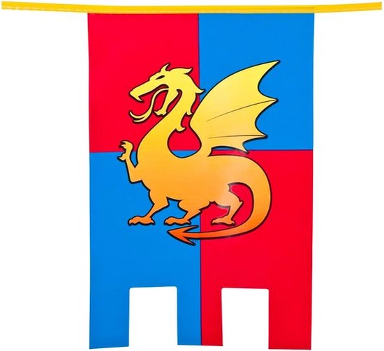 Een banier met rode en blauwe vlakken, met een gouden draak.