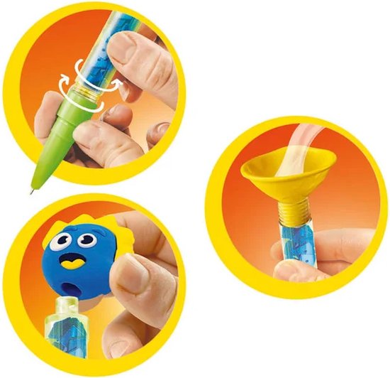 Drie circulaire beelden: een groene pen die wordt gevuld, een gele trechter en een blauw monsterhoofdje dat op een pen wordt gezet.