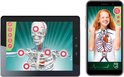 Een tablet toont een anatomisch model van een skelet met organen. Een smartphone toont een lachend meisje met een hartpictogram.