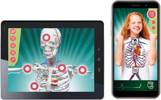 Een tablet toont een anatomisch model van een skelet met organen. Een smartphone toont een lachend meisje met een hartpictogram.