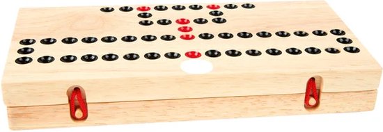 Houten speelbord voor het spel Barricade, gesloten met rode touwtjes.
