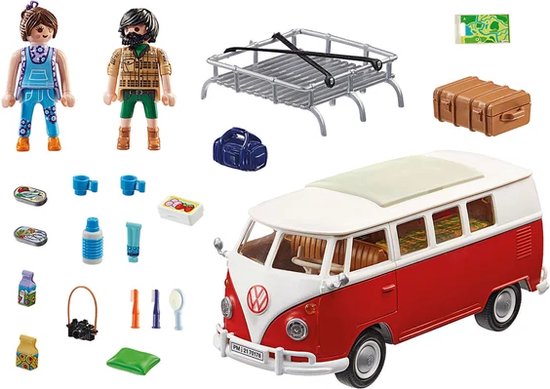 PLAYMOBIL Volkswagen T1 camperbus, rood en wit, met twee figuren en kampeeraccessoires.