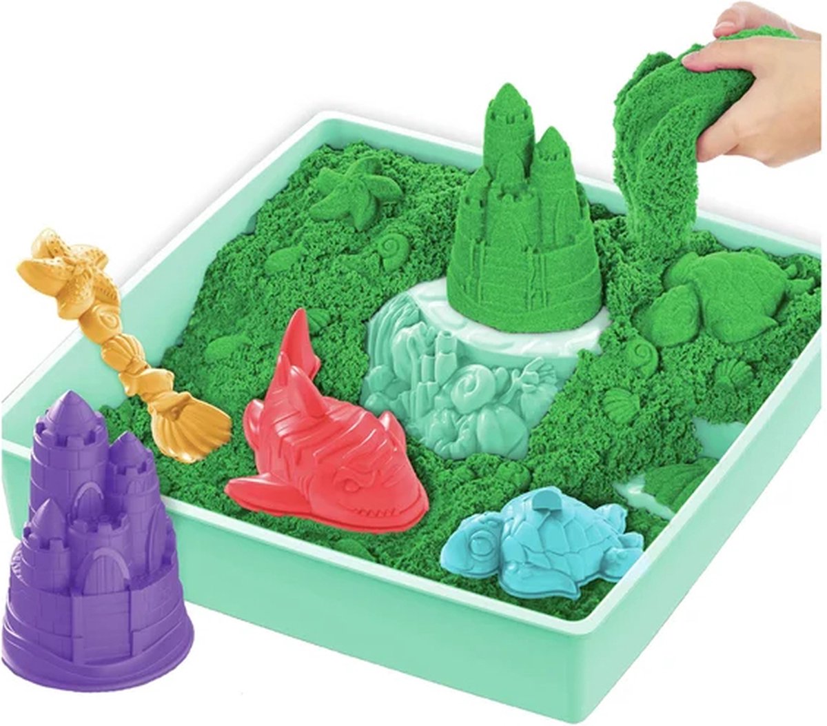 Kinetic Sand - Zandbak-set met 454 g groen origineel Kinetic Sand opbergzandbak 4 vormen en gereedschap - Sensorisch speelgoed — afbeelding 11