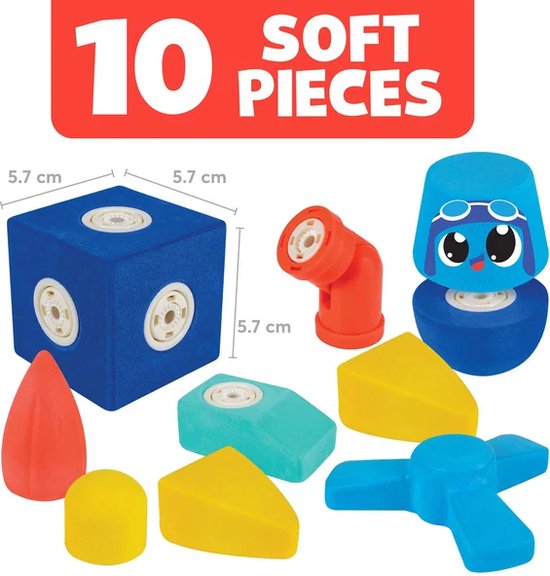 Een blauwe kubus, een rode punt, een gele bol, oranje bochtstukken en andere vormen van magnetisch constructiespeelgoed.