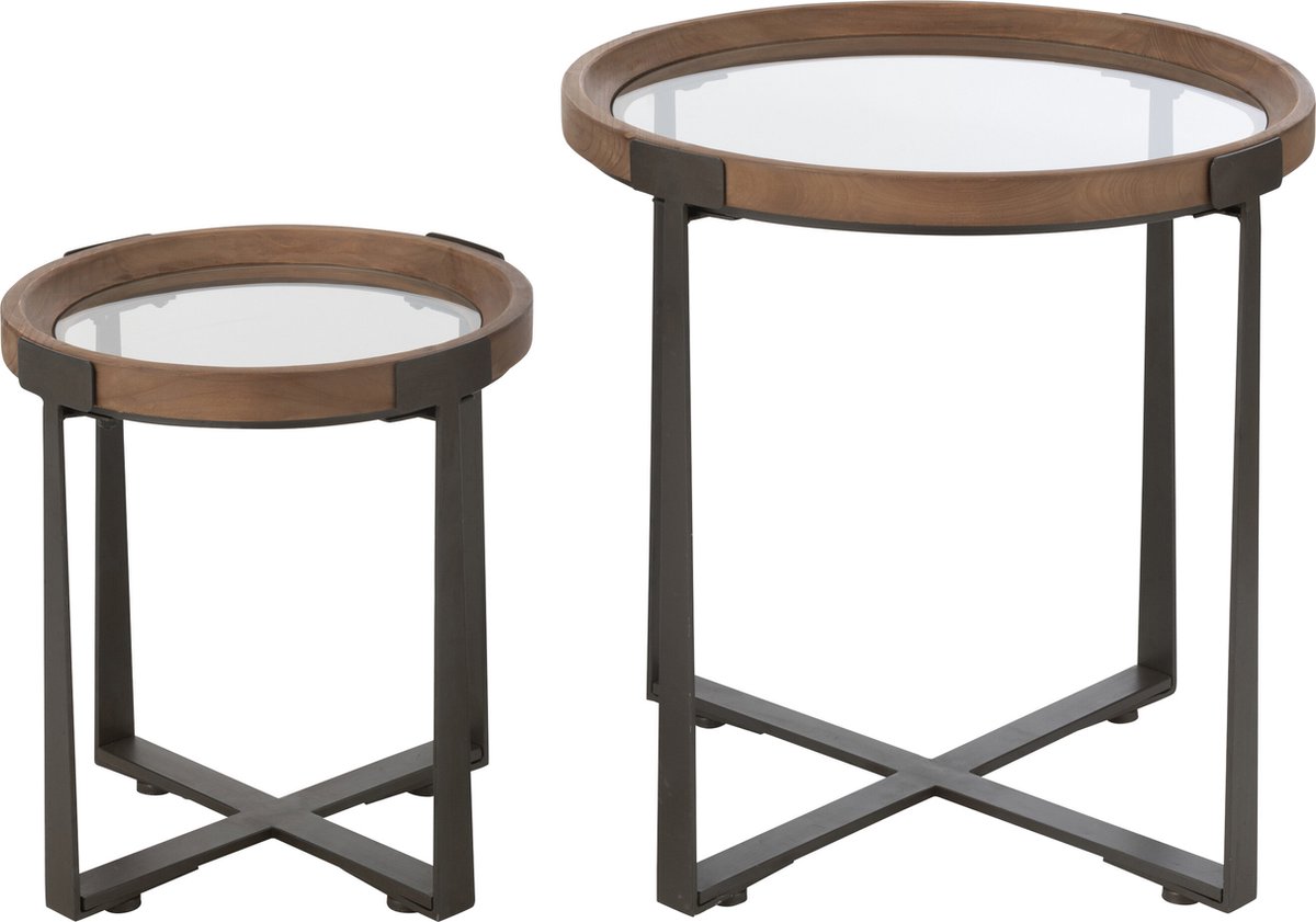 J-Line salontafel Mine - glas/hout - naturel/zwart - 2 stuks