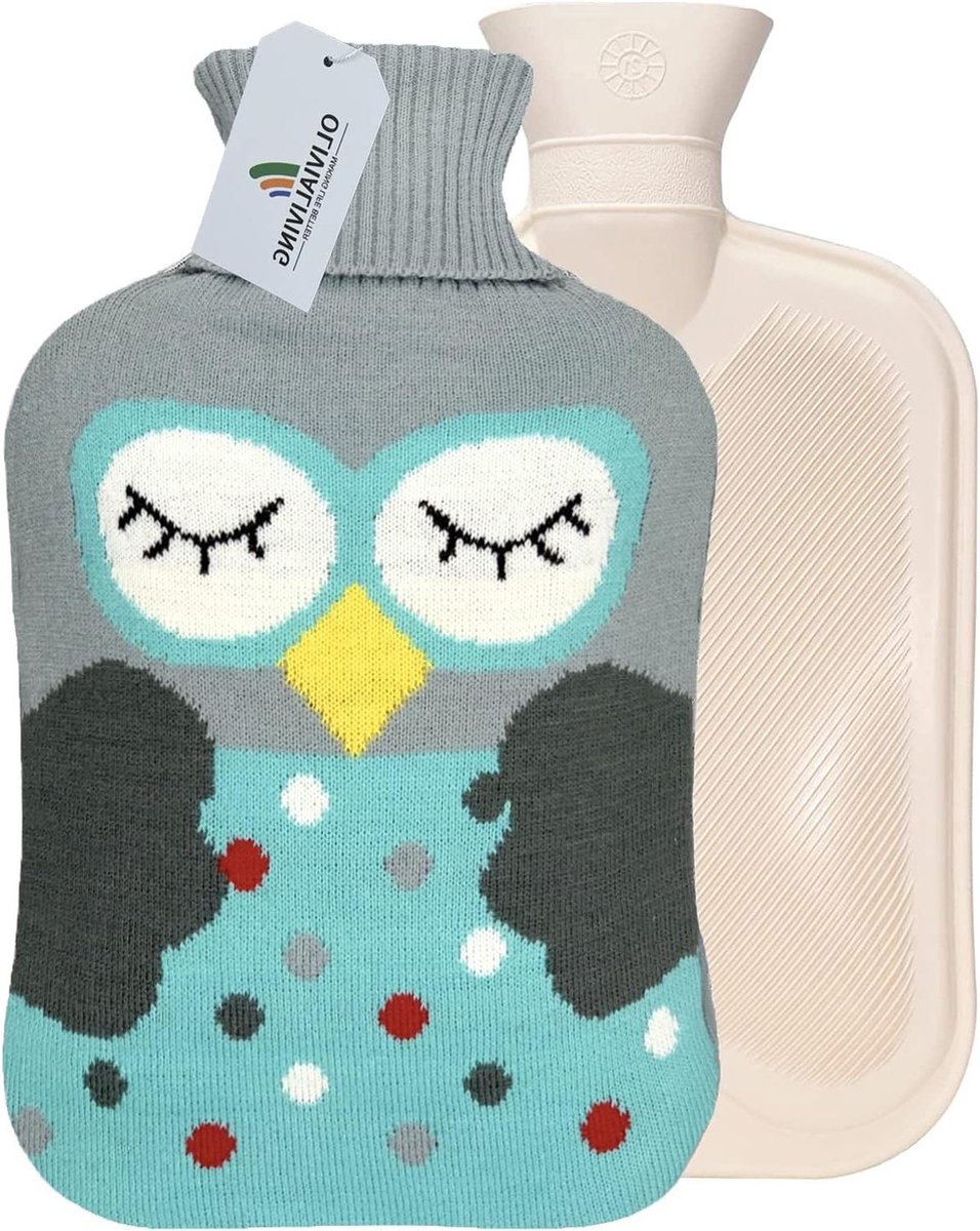 Bol.com Warmwaterkruik 2 liter - Opwarmbaar en Refreezable Hot Cold Pack - Gebreide hoes voor pijnverlichting - Cartoon Uil -The... aanbieding