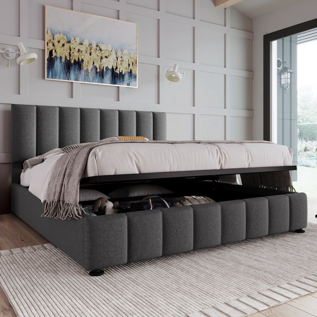 KOMHTOM Tweepersoonsbed 140x200cm Chest bed Linnen Moderne bedombouw met grote opbergruimte Grijs