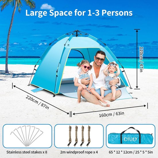 Cflity Pop-up strandtent voor 1-3 personen, automatische instant UV 50 , extra grote zonnetent, lichtgewicht draagbare outdoor strandtent met dubbele