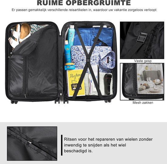 Zwarte koffer van TAN.TOMI, geopend met kleding, schoenen en toiletartikelen, met mesh vakken.