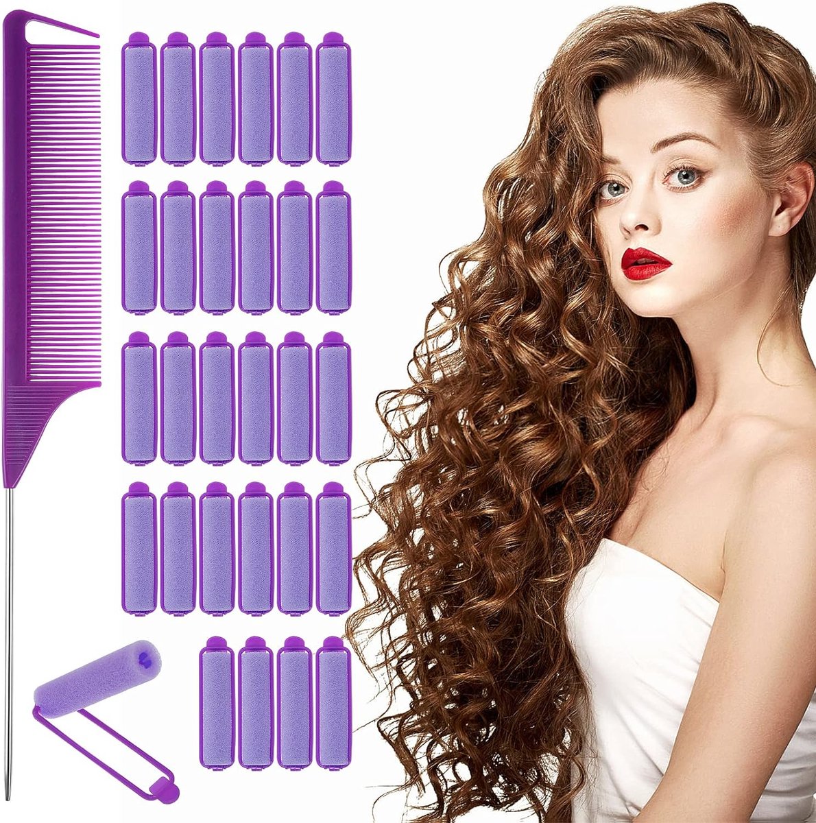 Twenty Two 29 stuks schuimspons haarrollers set (paars) voor alle haartypes met puntkam mooie krullen maken zonder hitte met zelfgrip schuimspons krulspelden en bevestigingsklem foamrollers brengt geen schade aan het haar