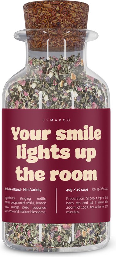 Foto: By maroo thee cadeau your smile lights up the room kruidenthee in glazen theepot theedoos compliment cadeau voor man vrouw geschenkset vrouwen moeder vader vriendin zus oma mama papa