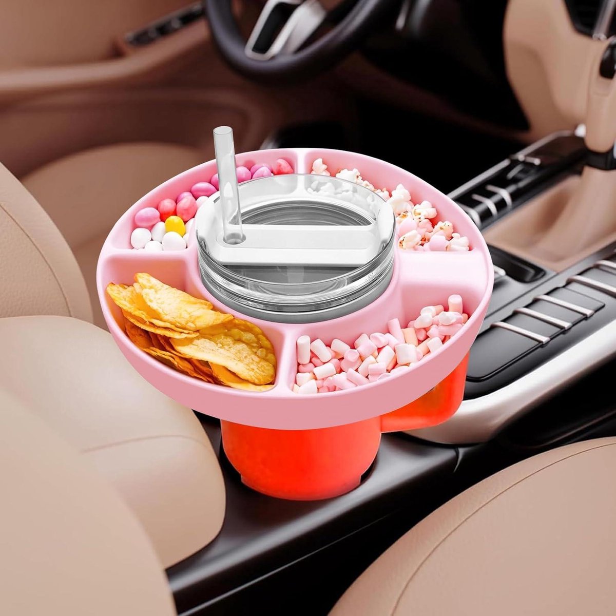 Plateau Snacks Avec Couvercle Pour Stanley Cup 40oz - En Silicone Alimentaire - 4 Compartiments - Beige