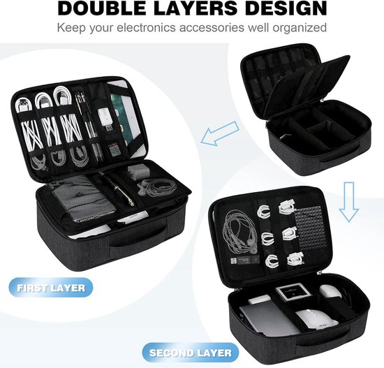 NEUSID Kabeltas Elektronica-organizer Universele reistas Kabel Organizer 3-laags waterdicht reisaccessoires kabelorganizer voor mobiele telefoon USB-oplaadkabel powerbank, grijs